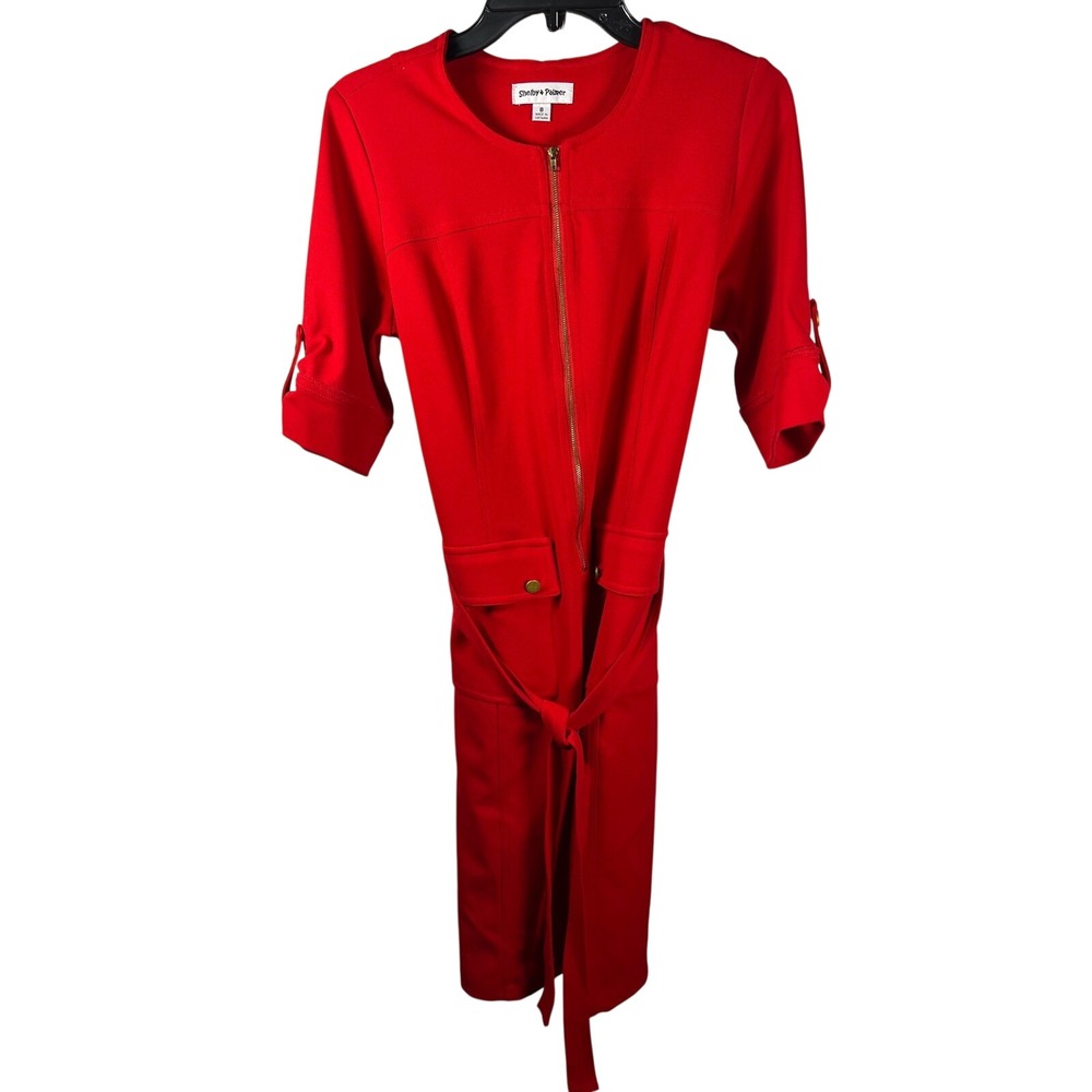 Shelby Palmer Red Zip Front Belted Sheath Dress Size 8